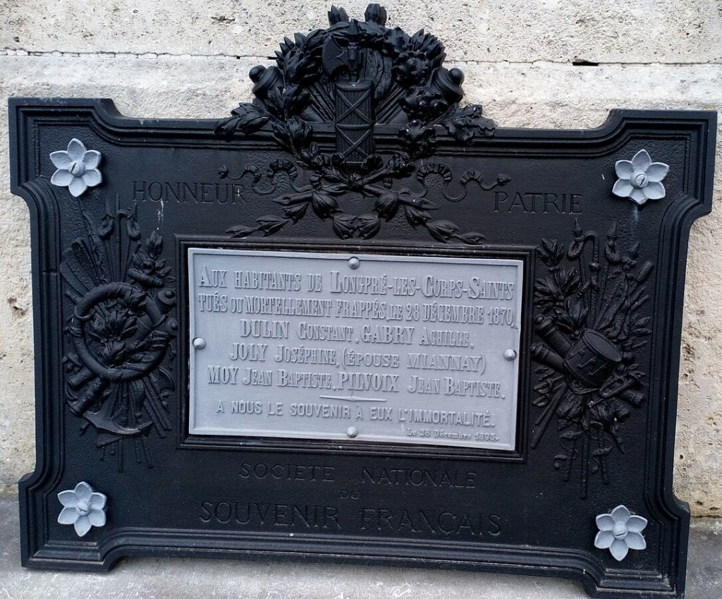 Plaque commÃ©morative des victimes civils de LongprÃ© les Corps Saints.