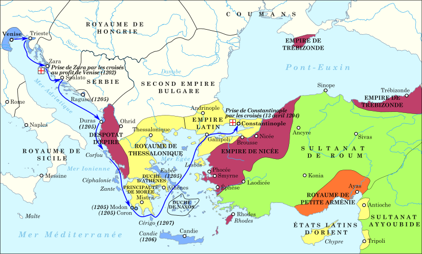 ItinÃ©raire de la quatriÃ¨me croisade (1202-1204) et fondation de l'empire latin d'Orient (1204).
