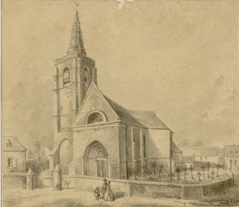 La CollÃ©giale, d'aprÃ¨s une esquisse de Gillard en 1864. Â© 2009 - BibliothÃ¨que municipale d'Abbeville - (Hal. 119)