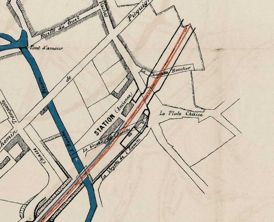 Plan cadastral ancien du quartier de l'ancienne gare, vers 1880.