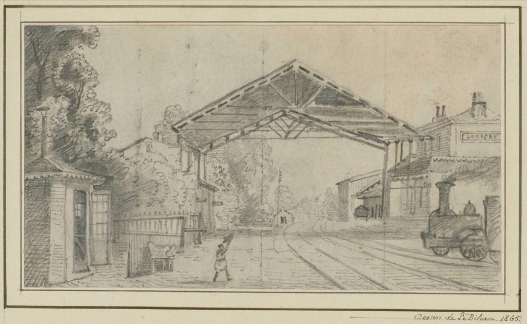 Dessin de l'ancienne gare de LongprÃ© par de Lebihan en 1865