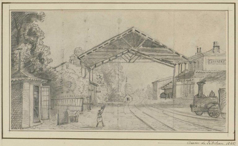 Dessin de l'ancienne gare de LongprÃ© par de Lebihan en 1865