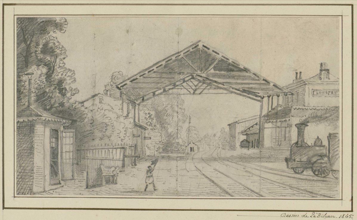 Dessin de l'ancienne gare de LongprÃ© par de Lebihan en 1865