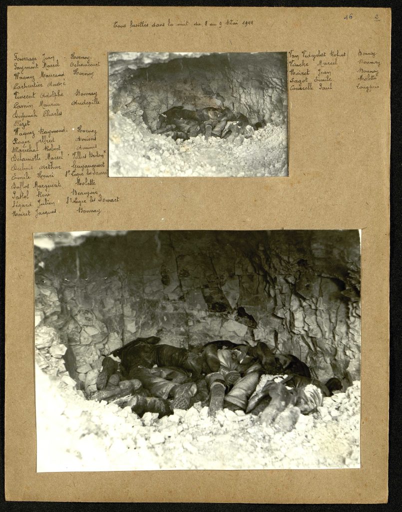 Dans des sapes de la guerre 1914-1918 on découvre 26 corps de Français assassinés par les Allemands et Abattus sur place.